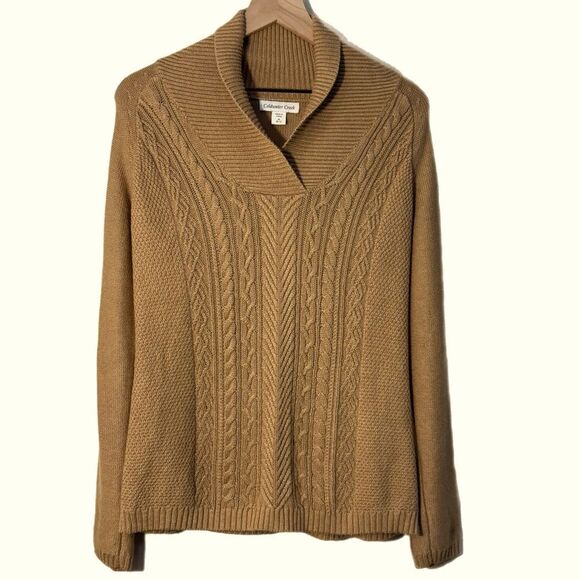 Coldwater Creek Tan Shawl Collar Cable Knit Sweater Women’s 10/12 Tan Ribbed Hem - Picture 1 of 12
